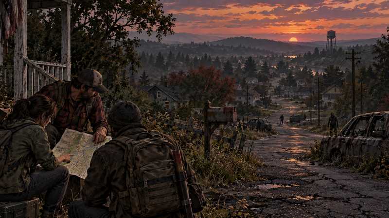 Survivors study a paper map outside a boarded Kentucky home as a road leads toward distant neighborhoods at sunset.
