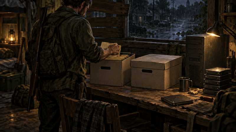 A survivor chooses a server archive box beside a computer in a dim safehouse