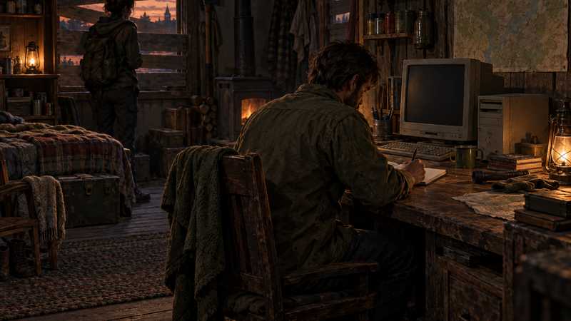 A survivor in a muted olive safehouse notes a connection attempt while another watches a boarded window.