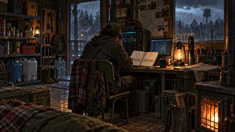 A survivor compares timestamp notes beside a powered console in a dim safehouse.