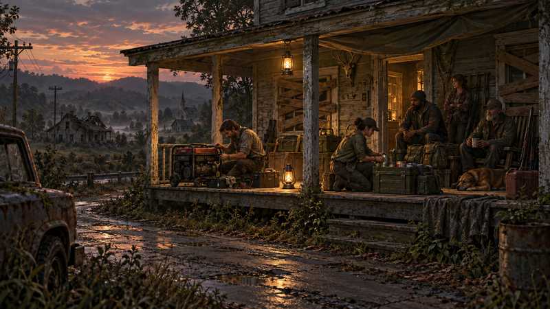 Survivors repair a generator and organize supply crates on the porch of a boarded-up Kentucky safehouse.