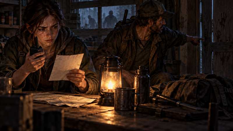 Two survivors compare a blank note and a radio in a lantern-lit safehouse while one points toward the door.
