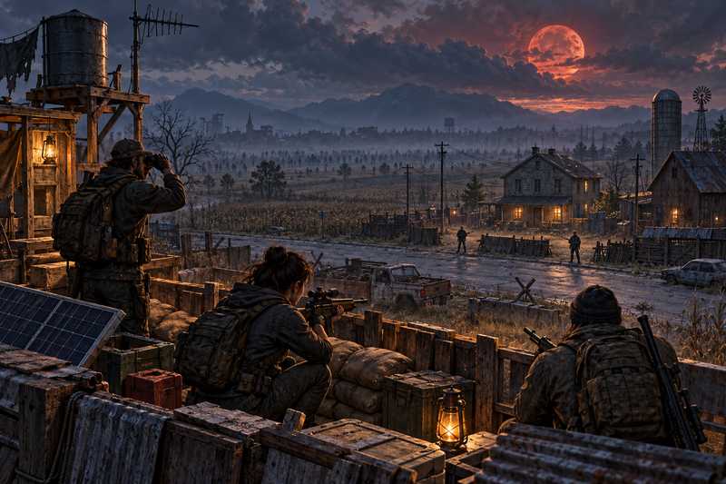Survivors prepare a fortified rooftop for a raid beneath a muted red moon.