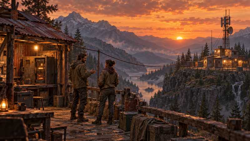 Two settlers overlook an improvised machine shelter and a distant communications outpost in a rust-orange industrial valley.