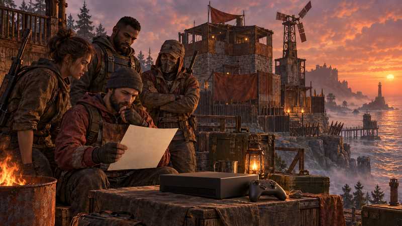 A group at a coastal Rust compound reviews a rental checklist beside a controller and unbranded console.