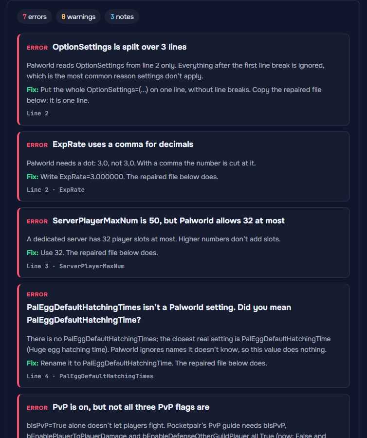 The report: OptionSettings split over 3 lines, ExpRate with a comma, 50 players when 32 is the most, and a misspelled setting.