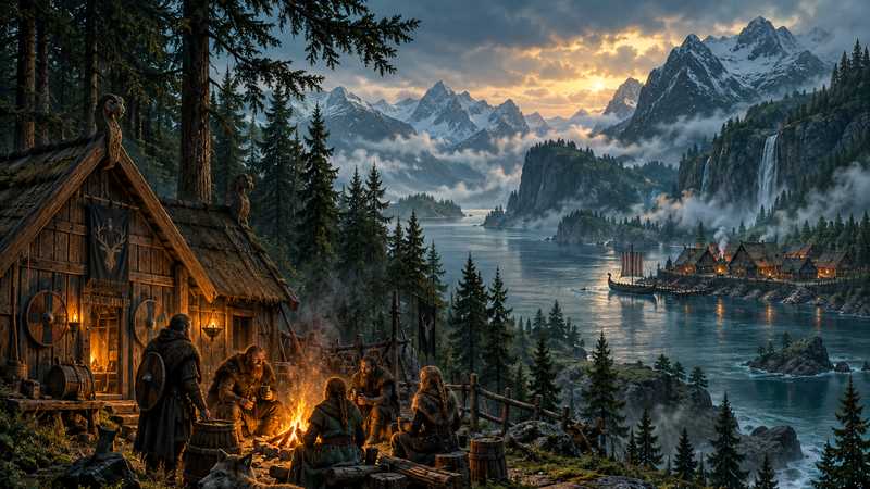 Two Norse settlements sit across a fjord, with a crew starting a new camp beside a warm fire.