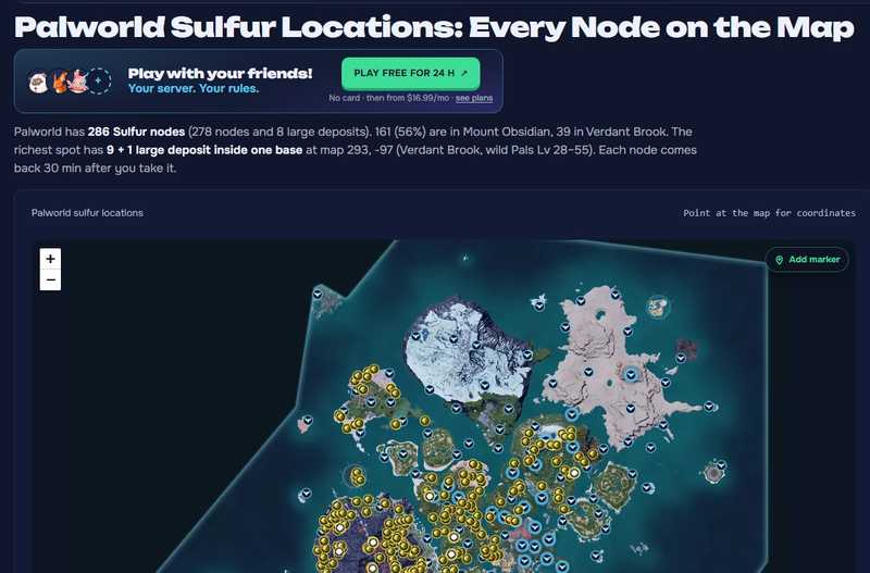 The Palworld Sulfur Locations page: 286 Sulfur nodes on the map, with where the richest spot is.