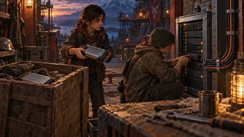 Two survivors connect a rugged storage drive to a server rack in a weathered workshop.