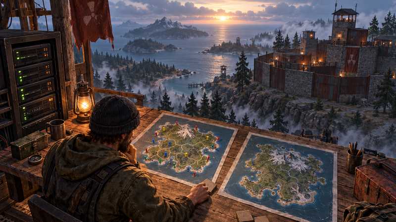 A Rust server owner compares two procedural island maps at a workbench before recording a new seed.