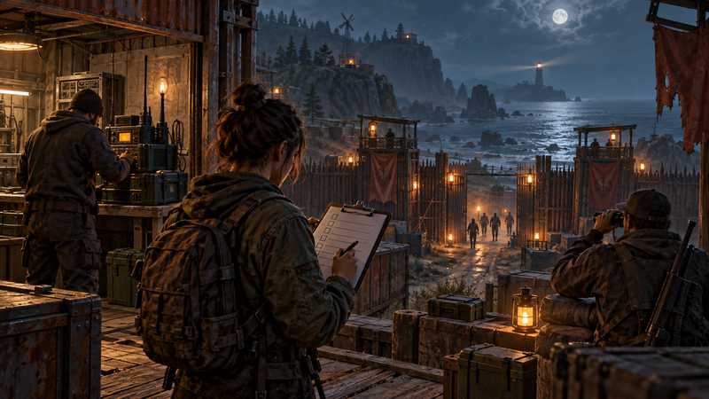 Three organizers prepare a coastal settlement for visitors while one checks a blank clipboard beside lantern-lit gates.