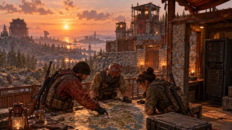 A small Rust settlement crew checks an island map beside a metal workbench and fortified compound.
