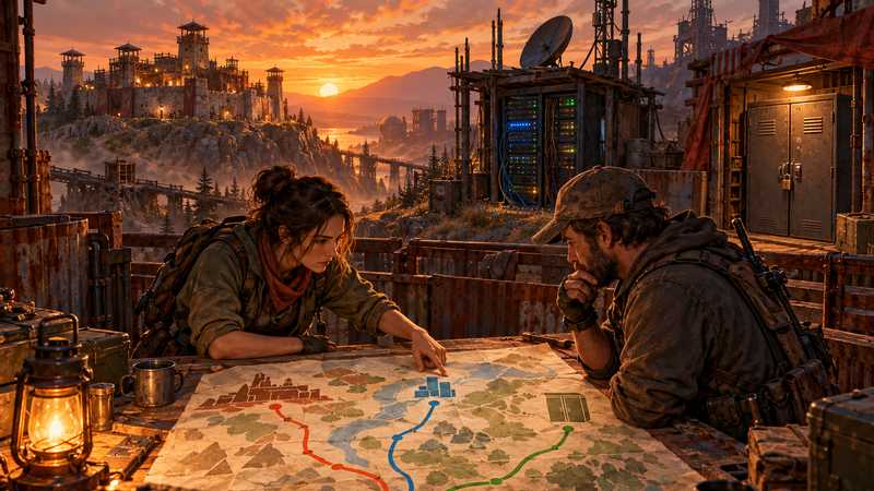 A Rust community organizer and network technician review service routes at a sheet-metal compound.