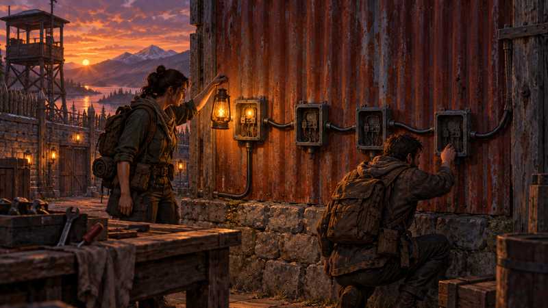 Two survivors trace a cable between junction boxes on a rust-red compound wall by lantern light.