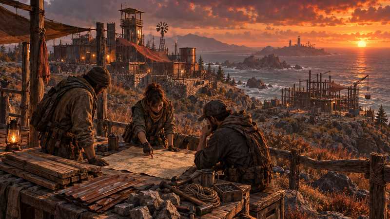 Three Rust survivors review a settlement map at a workbench overlooking their fortified coastal base.