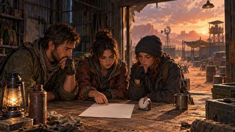 Three friends compare a checklist and timer inside a weathered metal outpost.