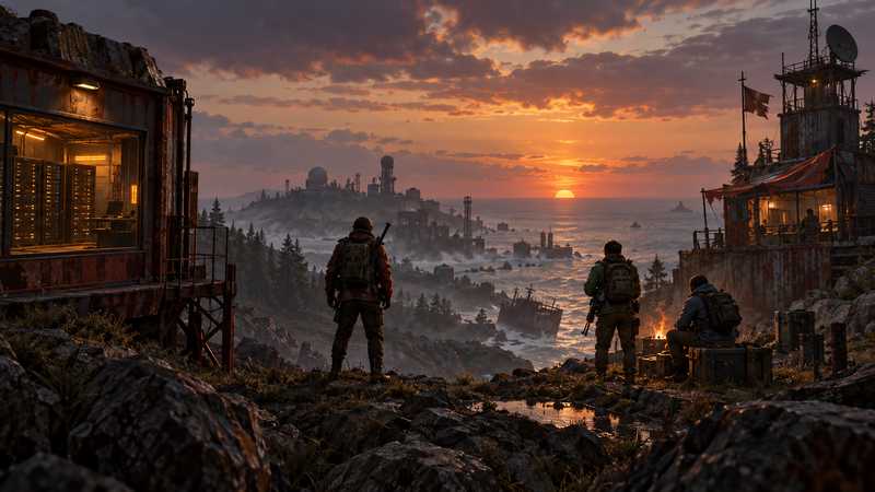 Survivors look across a misty Rust island from an orange-lit server outpost to a coastal community base.