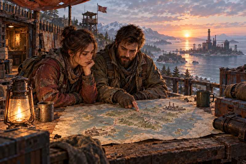 Two Rust survivors plan a route together at a map beside a small coastal base.