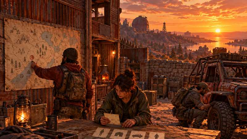 A small group plans PvE rules at a workbench inside a fortified Rust compound at sunset.