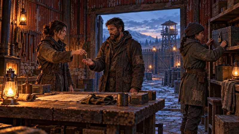 Three survivors exchange a brass key and secure a lockbox inside a lantern-lit sheet-metal workshop.