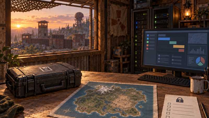 A Rust server operator checks a blank task list beside a recovery case and a map before a scheduled reset.