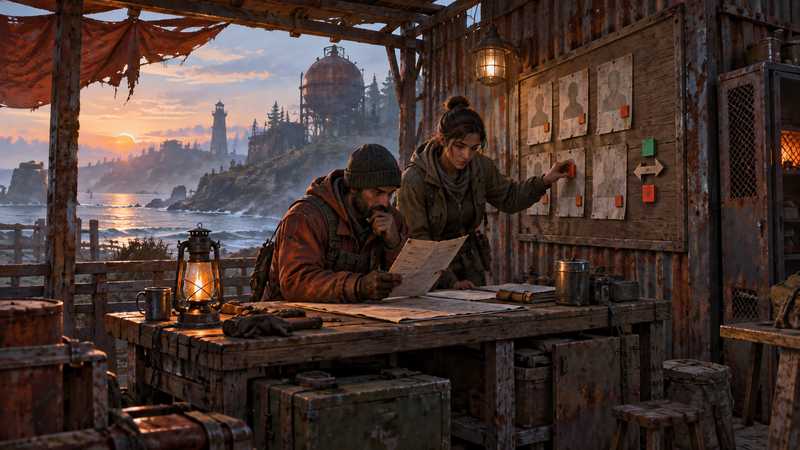 Two Rust survivors review an incident sheet together at a weathered outpost workbench.