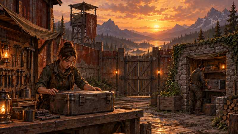 Two settlers organize metal supply cases at a workbench inside a weathered stone and sheet-metal compound.