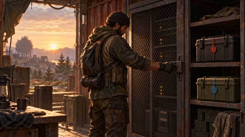 An operator closes a workshop gate while keeping two sealed cases on separate shelves.