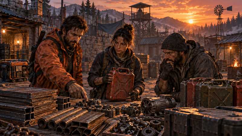 Three survivors compare spare parts and fuel supplies on a workbench inside a weathered orange industrial compound.