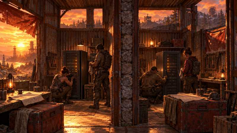 Two Rust survivors maintain separate server cabinets and storage crates in a weathered workshop.
