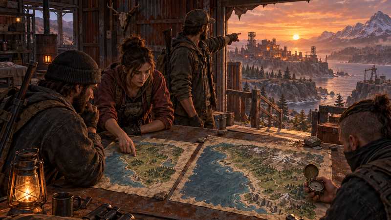 A Rust group compares two procedural coast maps at a weathered workshop table.
