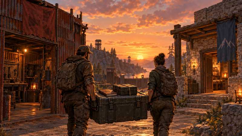 Two survivors carry a sealed supply crate from a rust-red workshop toward a stone shelter at sunset.
