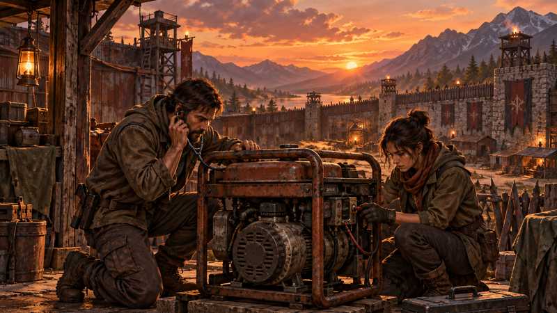 Two survivors inspect an exposed generator and its cables inside a rust-red metal compound at dusk.