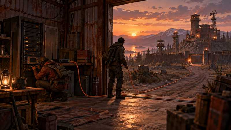Two Rust survivors trace a cable from a server cabinet toward their fortified settlement at sunset.