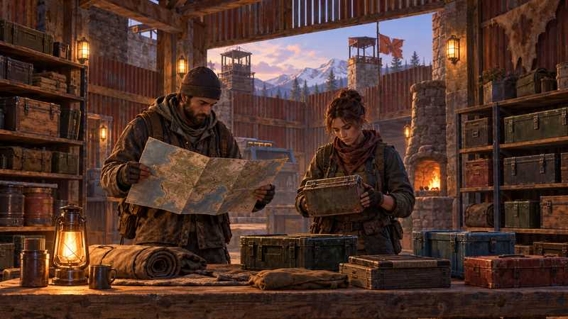 A Rust survivor sorts a map, a metal storage case and smaller database boxes beside a server-room workbench.