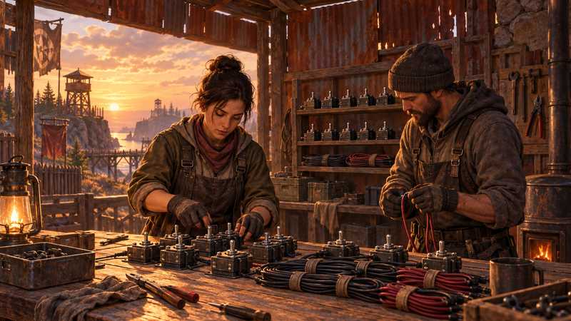 Two settlers organize mechanical switches and cable connections at a workbench inside a rust-orange metal workshop.
