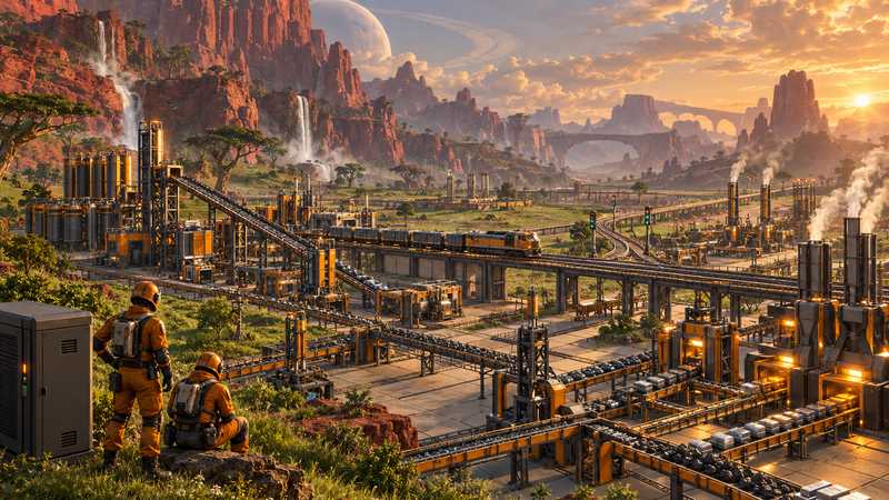 Two orange-suited pioneers stand beside a server cabinet overlooking a factory and rail line beneath red cliffs.