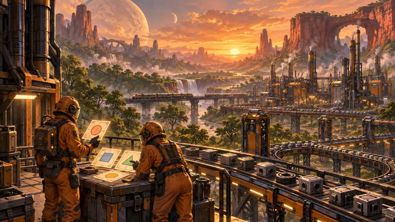 Two orange-suited pioneers compare a shared build plan beside conveyor belts and a train crossing an alien factory landscape.