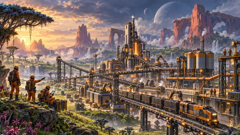 A small group of pioneers in orange suits building a layered factory with conveyors and a train across an alien grassland.