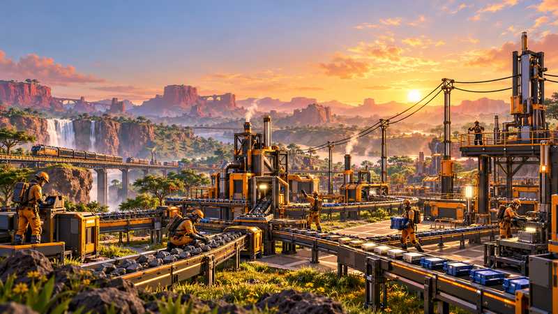 Orange-suited pioneers build separate parts of a growing factory across an alien grassland.