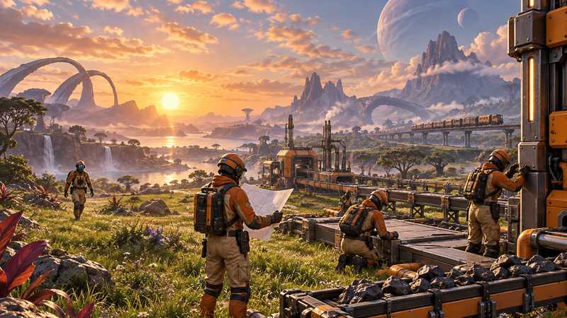 Four orange-suited pioneers build one conveyor-linked factory together on an alien grassland.