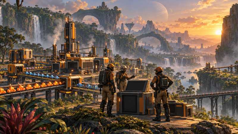 Three pioneers meet beside a small factory and conveyor line in a green alien landscape at sunset.