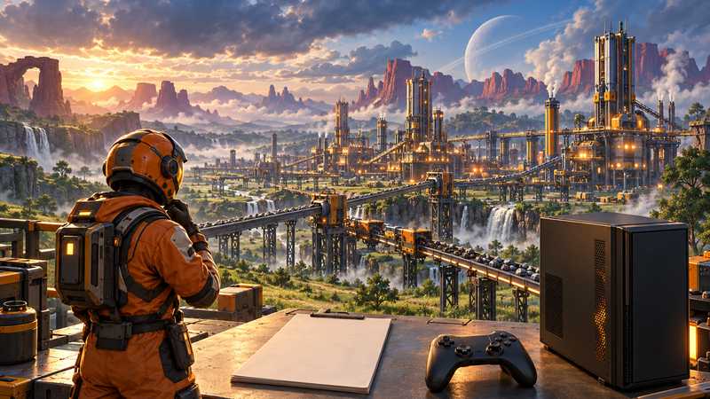 An orange-suited pioneer checks a paper list beside a game controller and PC tower, with a factory in the distance.