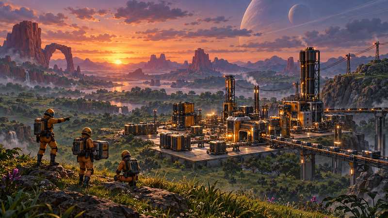 Three orange-suited pioneers build a factory together on an alien grassland.