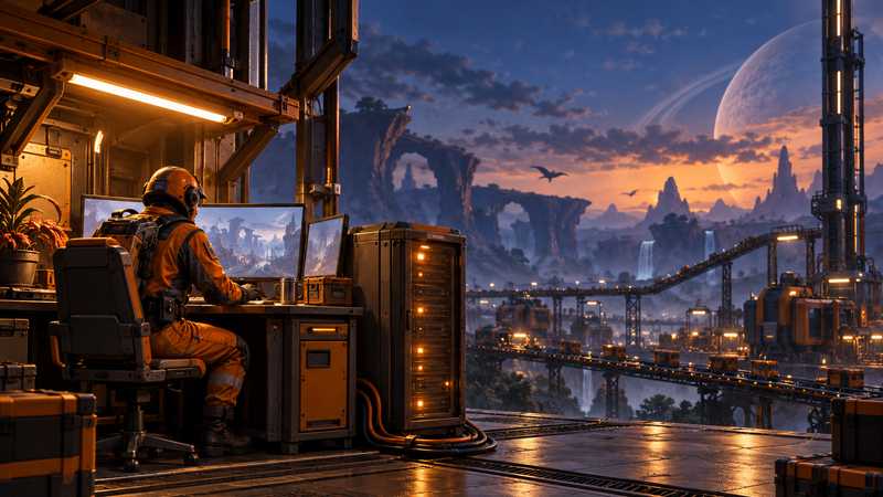 An orange-suited pioneer checks a workstation beside a server cabinet overlooking a lit factory at dusk.