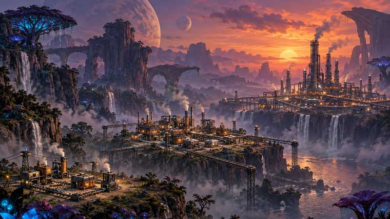 A compact alien factory expands into larger production lines beneath cliffs at dusk.