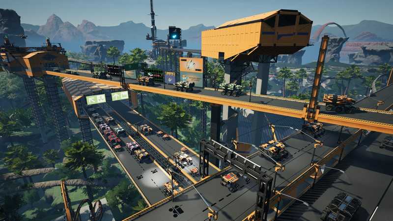 Elevated Satisfactory highways full of trucks crossing a jungle valley