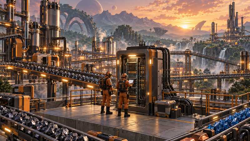 Two orange-suited pioneers check a modded factory server beside a conveyor line and a sprawling alien factory.