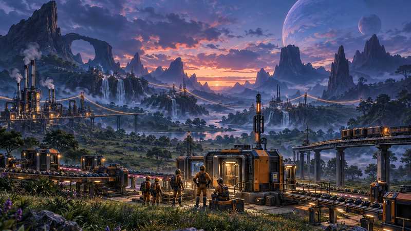 Orange-suited pioneers stand beside a factory server building as glowing connections cross an alien valley.