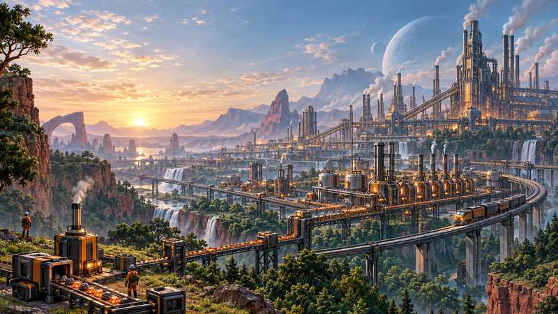 A small starter factory grows into a sprawling, train-linked megafactory across an alien landscape.